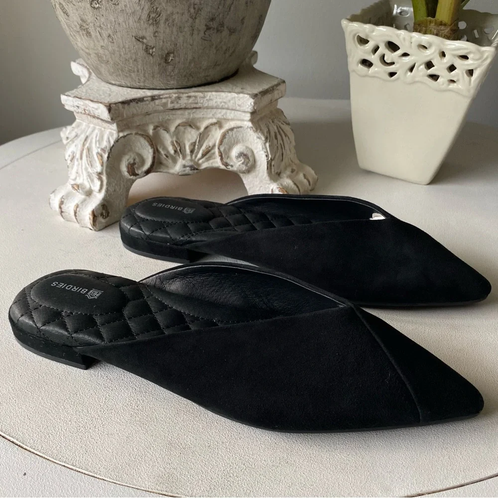 Birdies “The Swan” Black‎ Suede Mules Slippers Pointed Flats Shoes Womens 8